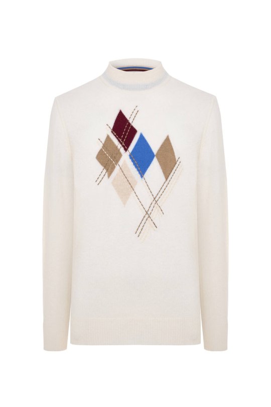 Lambswool Yün Argyle Desenli Lupetto Yaka Ekru Kazak