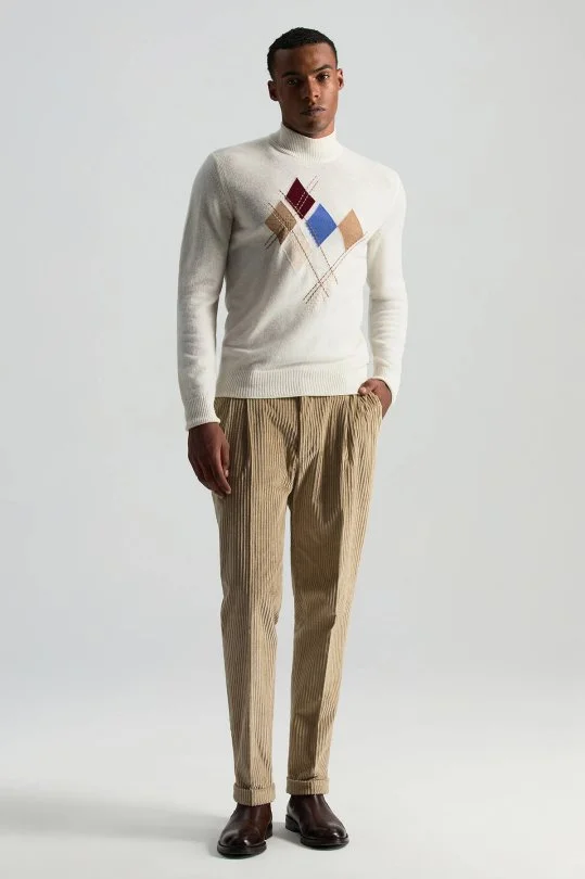 Hemington - Lambswool Yün Argyle Desenli Yarım Balıkçı Yaka Ekru Kazak (1)