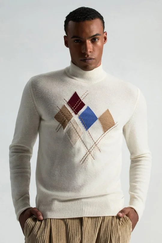Hemington - Lambswool Yün Argyle Desenli Yarım Balıkçı Yaka Ekru Kazak