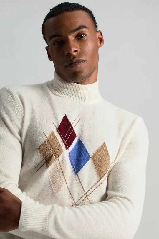 Hemington - Lambswool Yün Argyle Desenli Yarım Balıkçı Yaka Ekru Kazak (3)