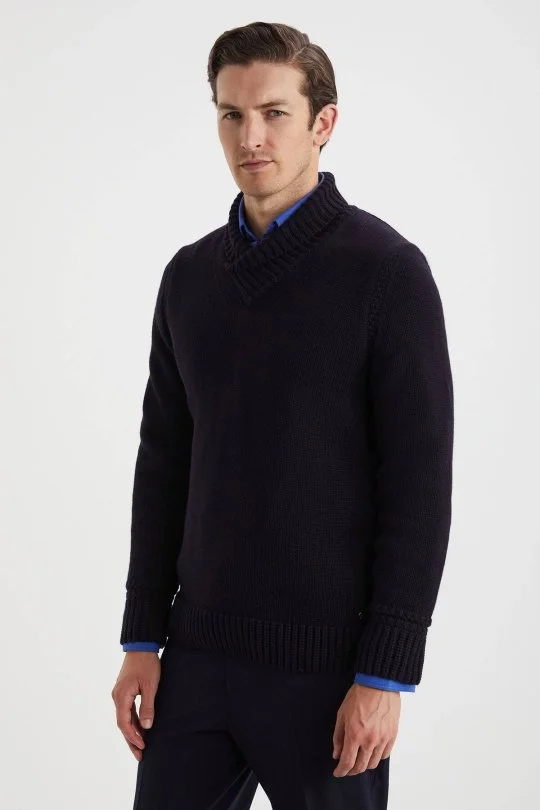 Hemington - Lambswool Yün Boğazlı Lacivert Triko Kazak (4)