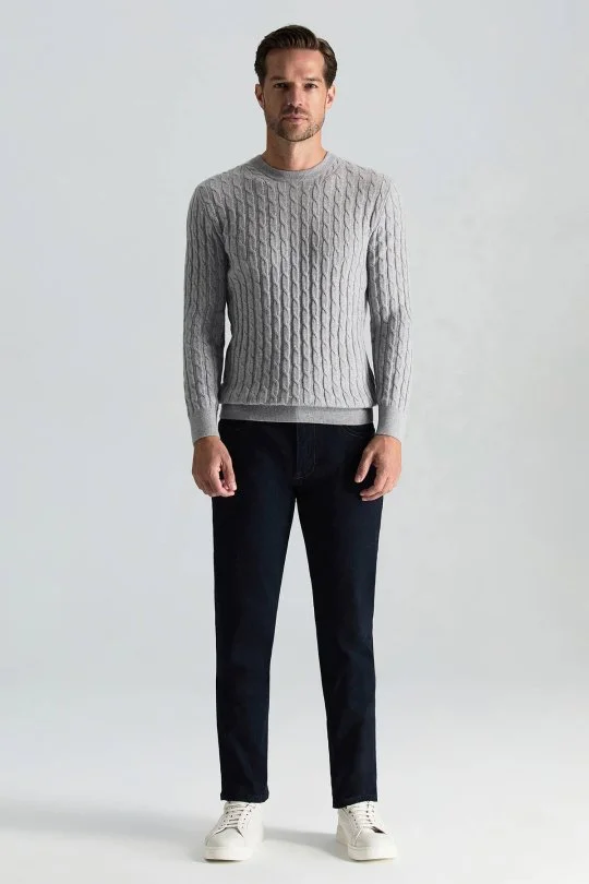 Hemington - Lambswool Yün Saç Örgü Desenli Bisiklet Yaka Açık Gri Kazak