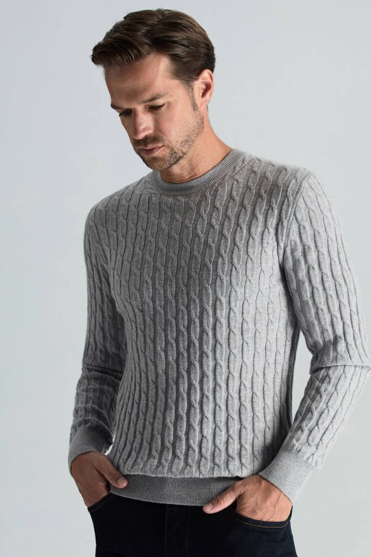 Lambswool Yün Saç Örgü Desenli Bisiklet Yaka Açık Gri Kazak