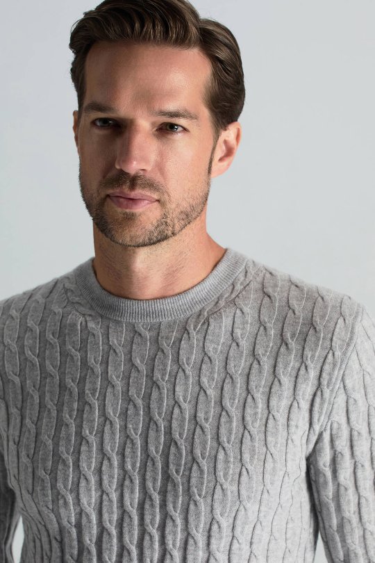 Lambswool Yün Saç Örgü Desenli Bisiklet Yaka Açık Gri Kazak