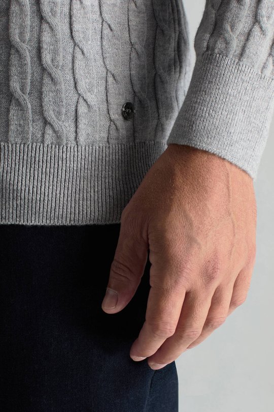 Lambswool Yün Saç Örgü Desenli Bisiklet Yaka Açık Gri Kazak