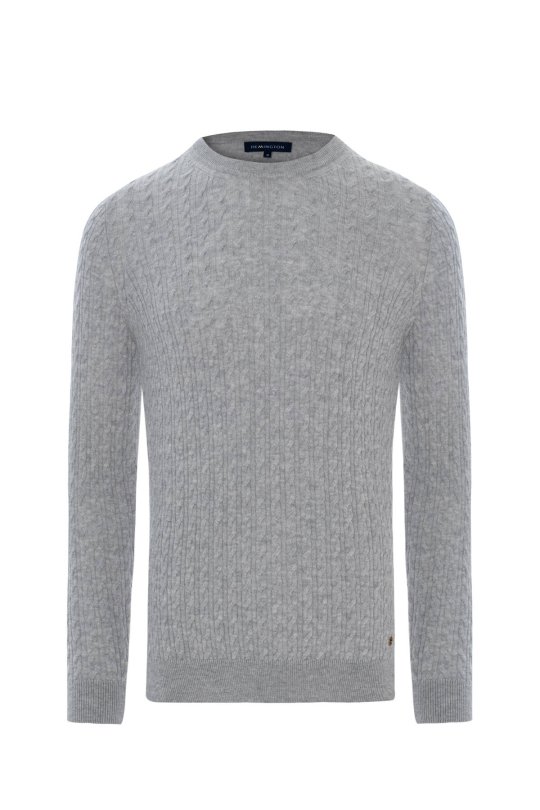 Lambswool Yün Saç Örgü Desenli Bisiklet Yaka Açık Gri Kazak