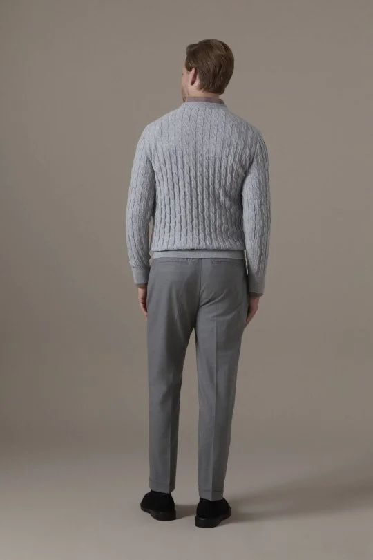 Lambswool Yün Saç Örgülü Bisiklet Yaka Açık Gri Kazak