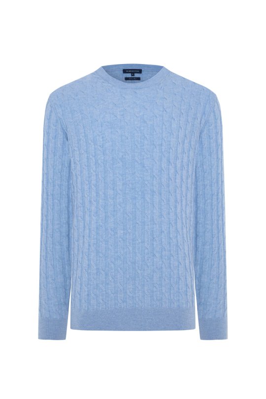 Lambswool Yün Saç Örgü Desenli Bisiklet Yaka Buz Mavisi Kazak