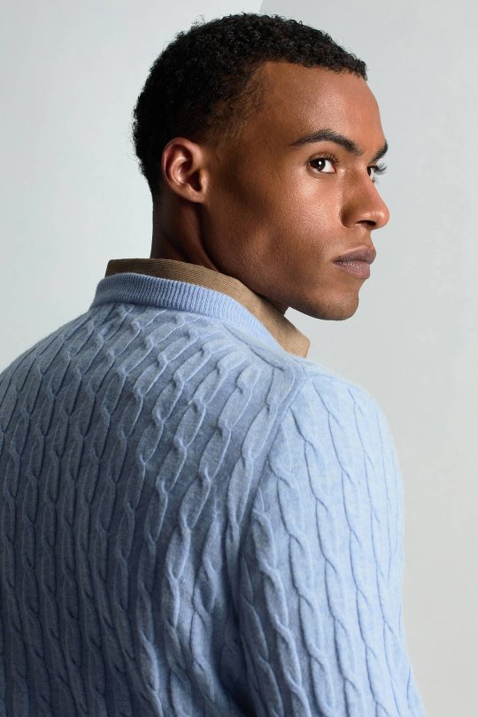 Lambswool Yün Saç Örgü Desenli Bisiklet Yaka Buz Mavisi Kazak