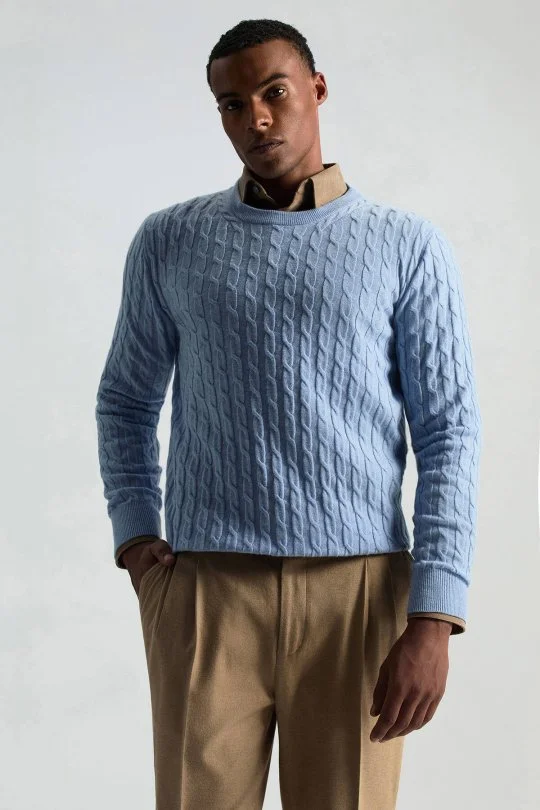 Hemington - Lambswool Yün Saç Örgü Desenli Bisiklet Yaka Buz Mavisi Kazak