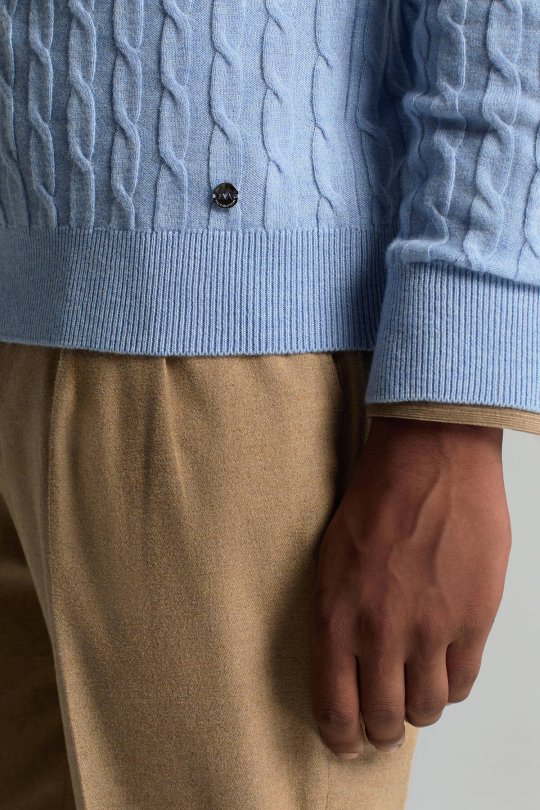 Lambswool Yün Saç Örgü Desenli Bisiklet Yaka Buz Mavisi Kazak