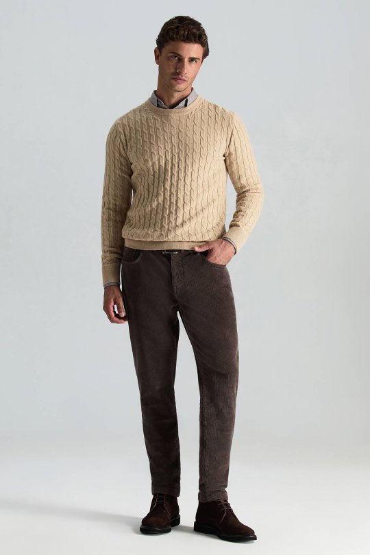 Lambswool Yün Saç Örgü Desenli Bisiklet Yaka Camel Kazak