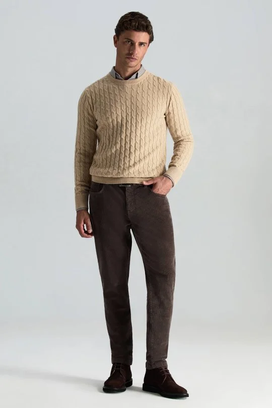Hemington - Lambswool Yün Saç Örgü Desenli Bisiklet Yaka Camel Kazak (2)
