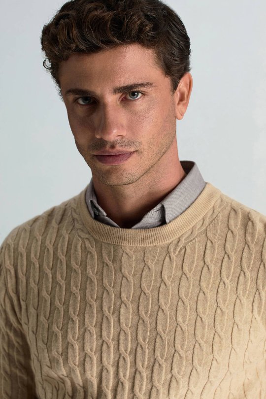 Lambswool Yün Saç Örgü Desenli Bisiklet Yaka Camel Kazak