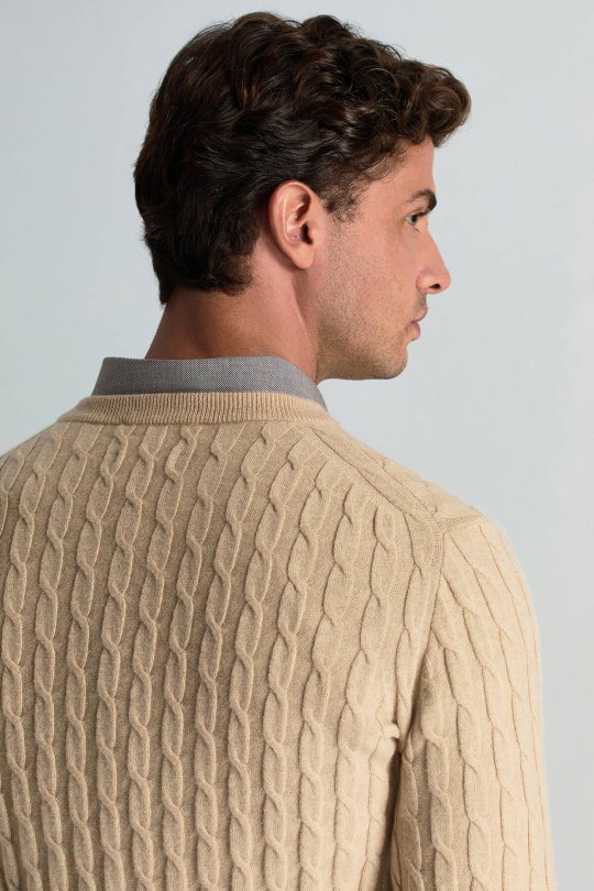 Lambswool Yün Saç Örgü Desenli Bisiklet Yaka Camel Kazak