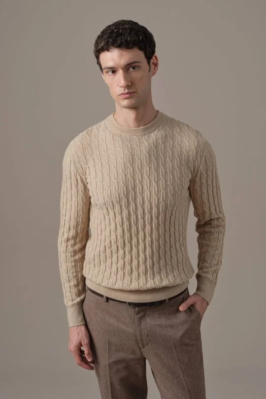 Lambswool Yün Saç Örgülü Bisiklet Yaka Camel Kazak