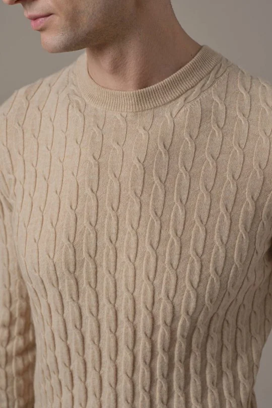 Lambswool Yün Saç Örgülü Bisiklet Yaka Camel Kazak