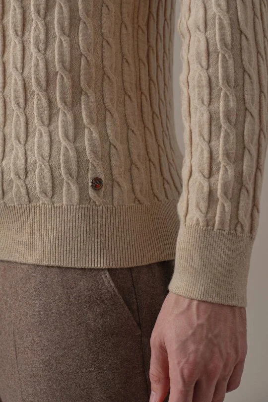 Lambswool Yün Saç Örgülü Bisiklet Yaka Camel Kazak