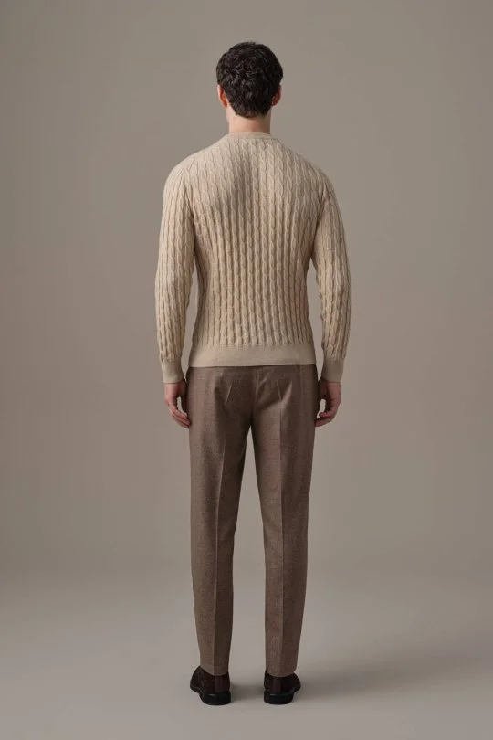 Lambswool Yün Saç Örgülü Bisiklet Yaka Camel Kazak