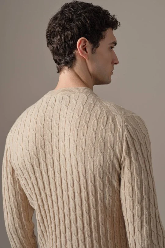 Lambswool Yün Saç Örgülü Bisiklet Yaka Camel Kazak