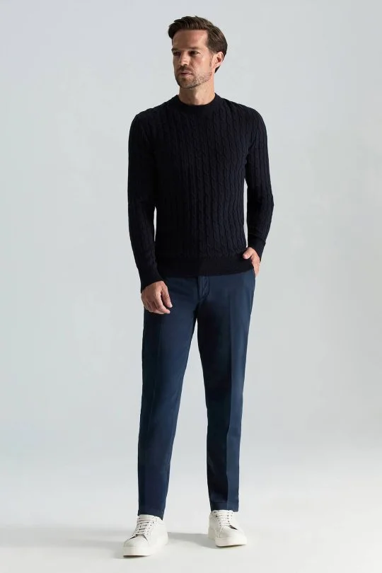 Hemington - Lambswool Yün Saç Örgü Desenli Bisiklet Yaka Lacivert Kazak (1)
