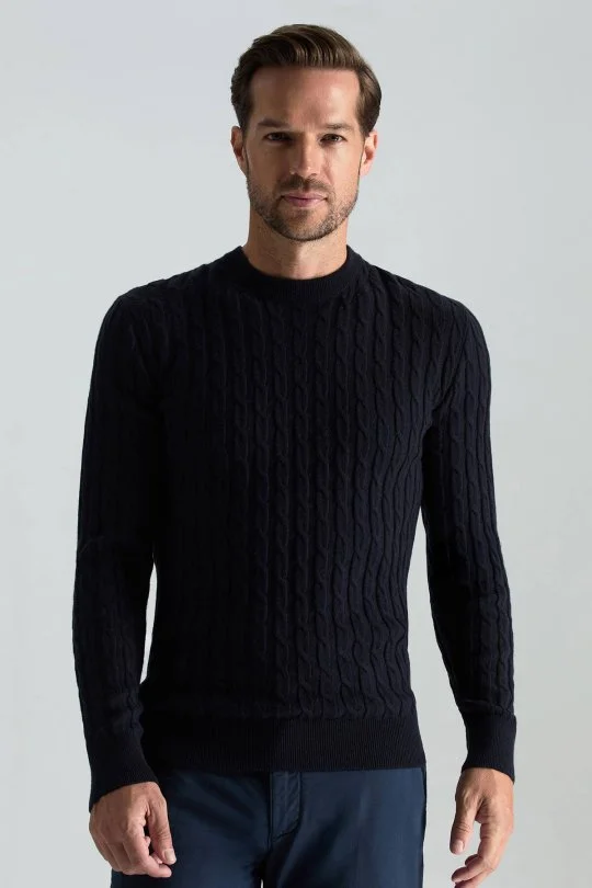 Hemington - Lambswool Yün Saç Örgü Desenli Bisiklet Yaka Lacivert Kazak