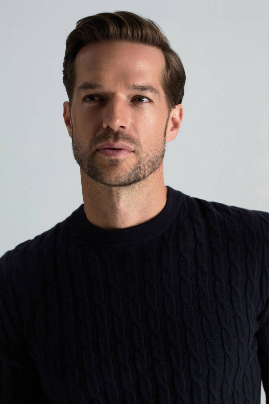 Lambswool Yün Saç Örgü Desenli Bisiklet Yaka Lacivert Kazak