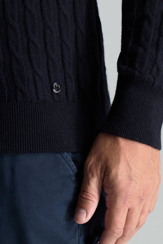 Lambswool Yün Saç Örgü Desenli Bisiklet Yaka Lacivert Kazak