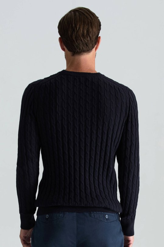 Lambswool Yün Saç Örgü Desenli Bisiklet Yaka Lacivert Kazak