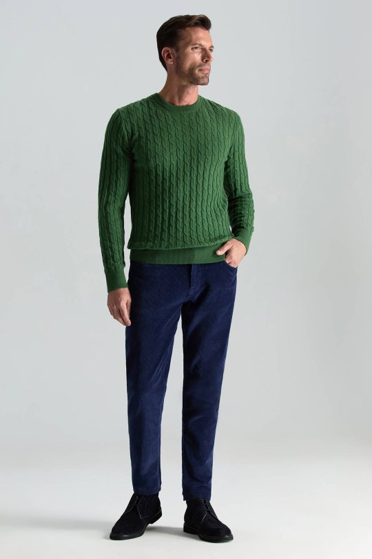 Lambswool Yün Saç Örgü Desenli Bisiklet Yaka Yeşil Kazak