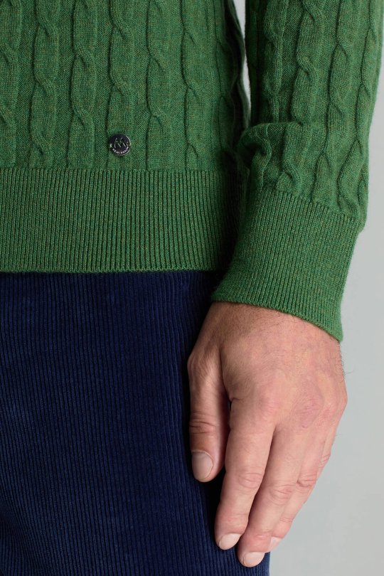 Lambswool Yün Saç Örgü Desenli Bisiklet Yaka Yeşil Kazak