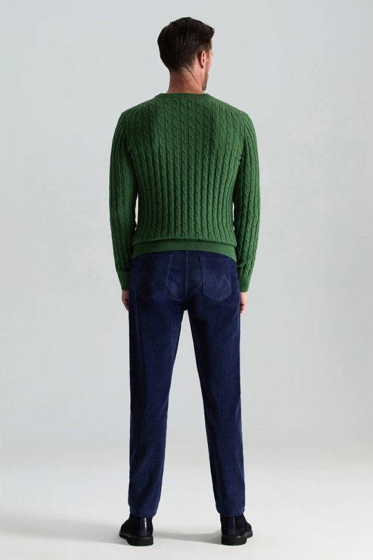 Lambswool Yün Saç Örgü Desenli Bisiklet Yaka Yeşil Kazak