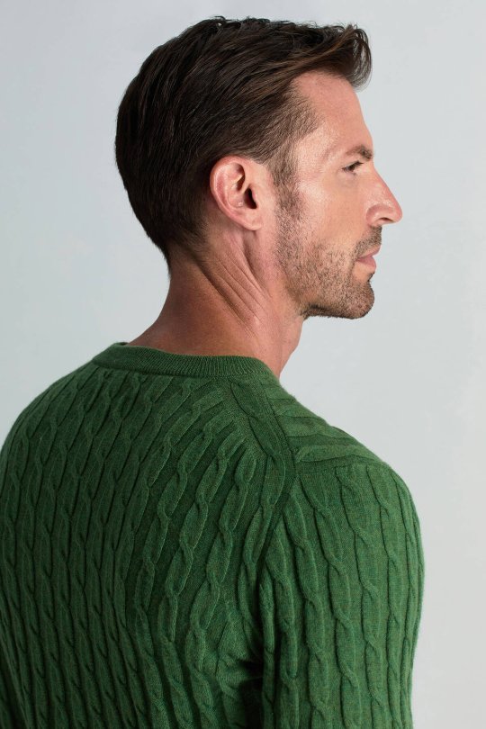 Lambswool Yün Saç Örgü Desenli Bisiklet Yaka Yeşil Kazak