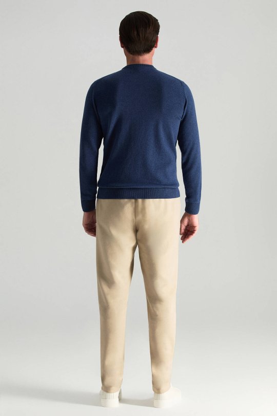 Lambswool Yünü Bisiklet Yaka Mavi Triko Kazak