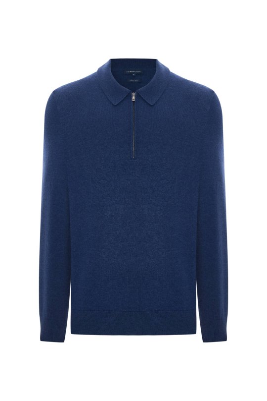 Lambswool Yünü Polo Yaka Yarım Fermuarlı Mavi Triko Kazak