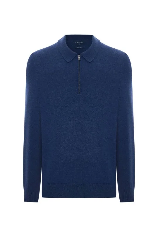 Hemington - Lambswool Yünü Polo Yaka Yarım Fermuarlı Mavi Triko Kazak (6)