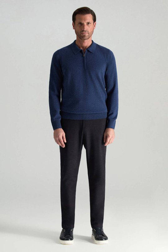 Lambswool Yünü Polo Yaka Yarım Fermuarlı Mavi Triko Kazak