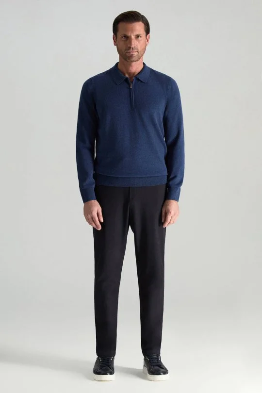 Hemington - Lambswool Yünü Polo Yaka Yarım Fermuarlı Mavi Triko Kazak (2)