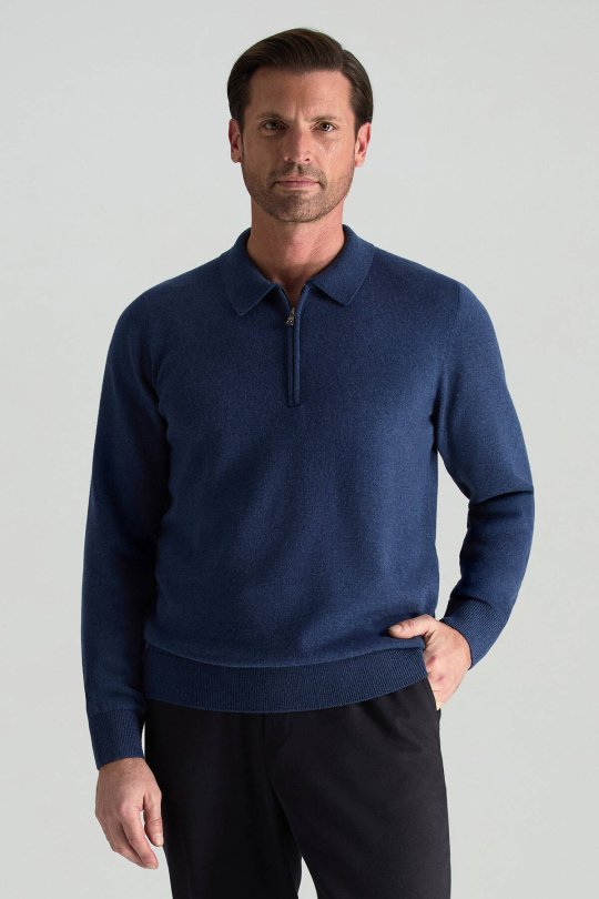 Lambswool Yünü Polo Yaka Yarım Fermuarlı Mavi Triko Kazak