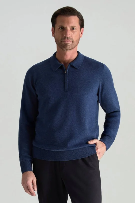 Hemington - Lambswool Yünü Polo Yaka Yarım Fermuarlı Mavi Triko Kazak (1)