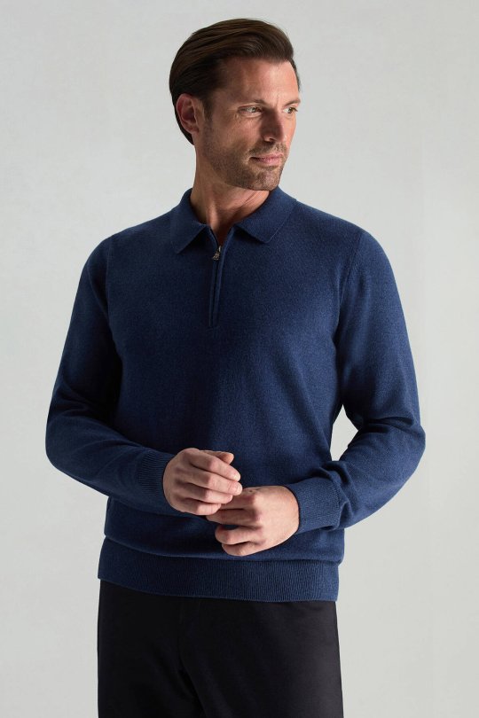 Lambswool Yünü Polo Yaka Yarım Fermuarlı Mavi Triko Kazak