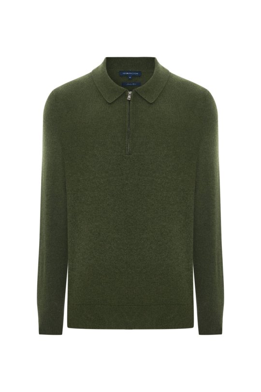 Lambswool Yünü Polo Yaka Yarım Fermuarlı Yeşil Triko Kazak
