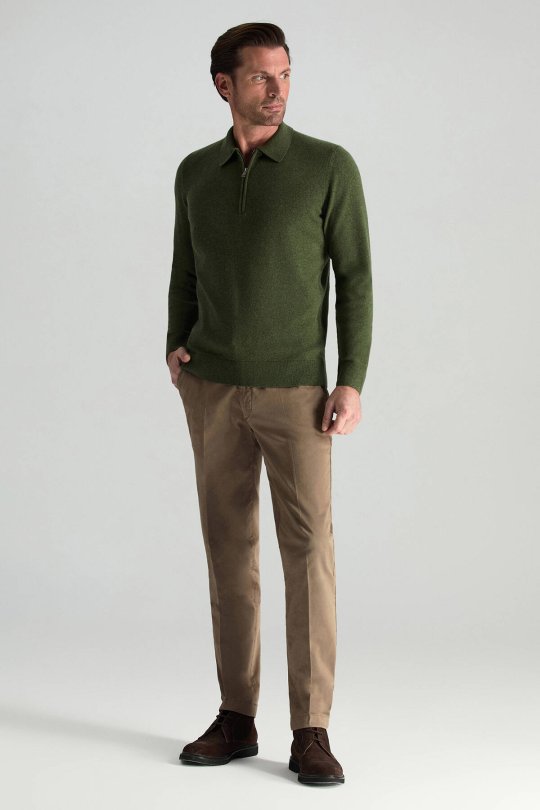 Lambswool Yünü Polo Yaka Yarım Fermuarlı Yeşil Triko Kazak