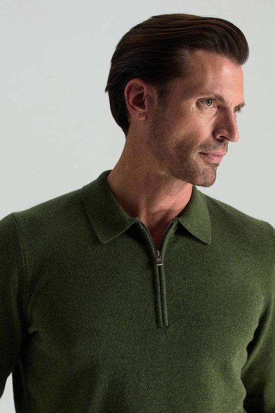 Lambswool Yünü Polo Yaka Yarım Fermuarlı Yeşil Triko Kazak