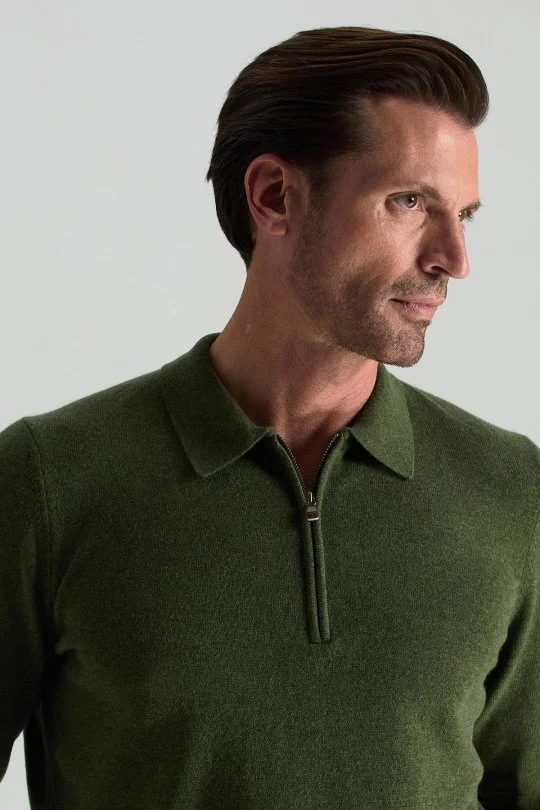 Hemington - Lambswool Yünü Polo Yaka Yarım Fermuarlı Yeşil Triko Kazak (3)