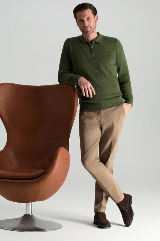 Lambswool Yünü Polo Yaka Yarım Fermuarlı Yeşil Triko Kazak