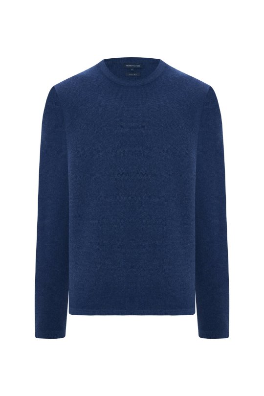 Lambswool Yünü Şerit Detaylı Bisiklet Yaka Mavi Triko Kazak