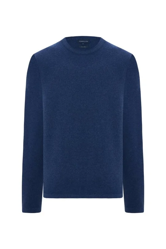 Hemington - Lambswool Yünü Şerit Detaylı Bisiklet Yaka Mavi Triko Kazak (6)