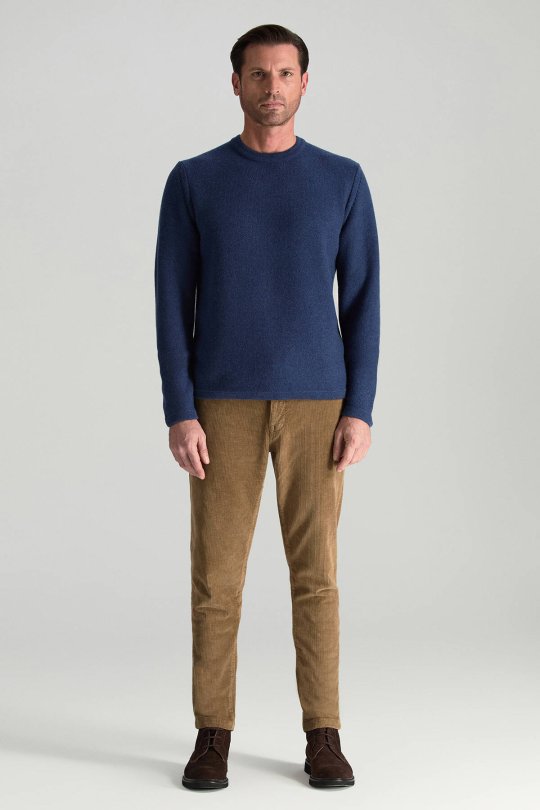 Lambswool Yünü Şerit Detaylı Bisiklet Yaka Mavi Triko Kazak