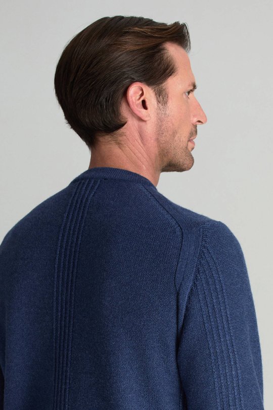 Lambswool Yünü Şerit Detaylı Bisiklet Yaka Mavi Triko Kazak